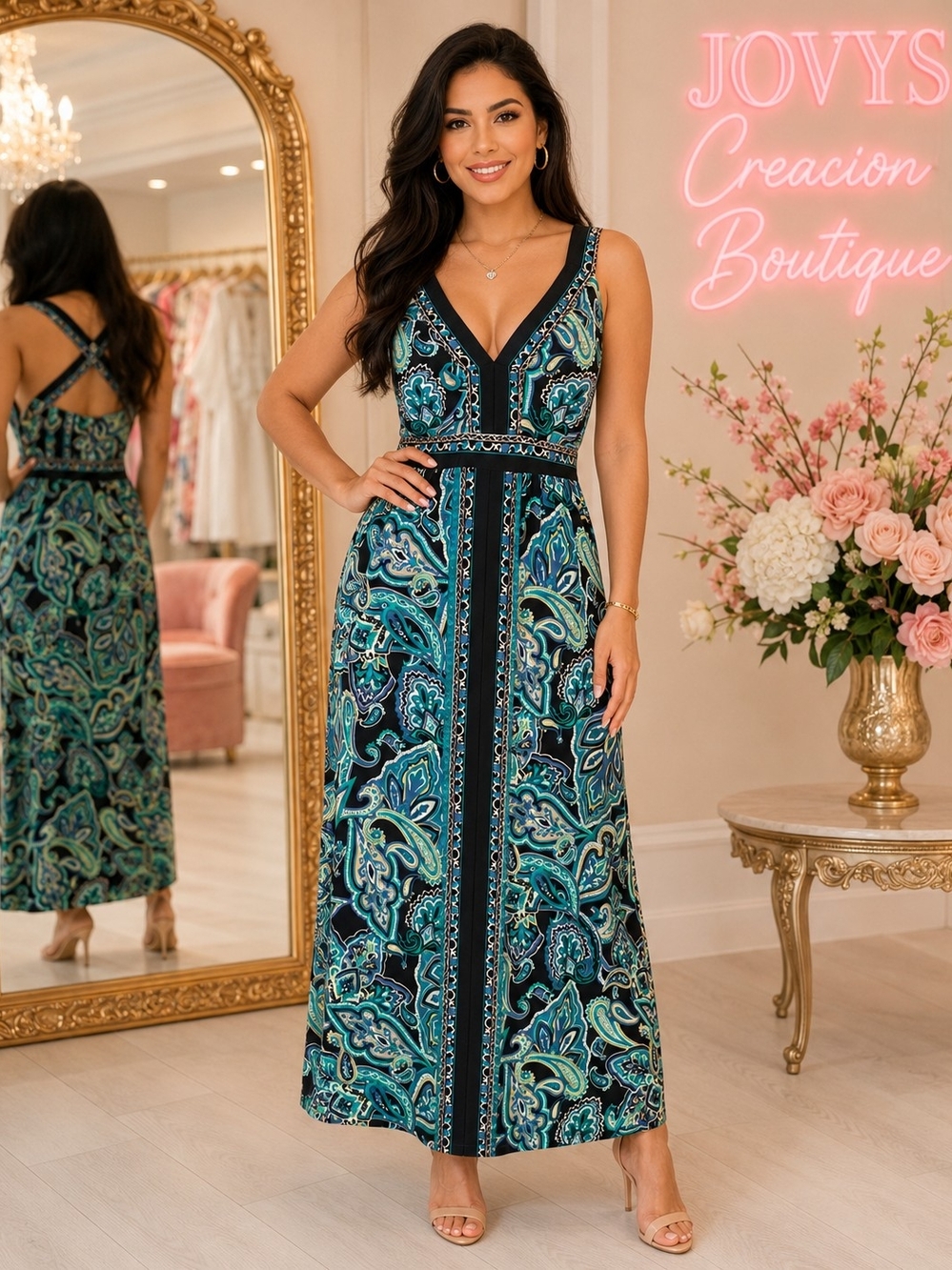 INC International Concepts Teal & Black Paisley V-Neck Maxi Dress